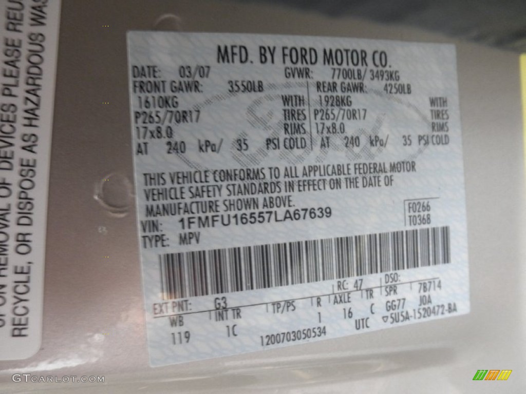 2007 Ford Expedition XLT 4x4 Color Code Photos