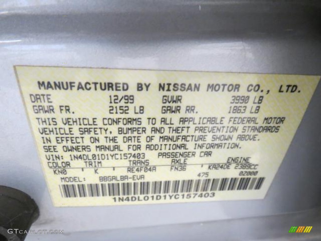 2000 Nissan Altima GXE Color Code Photos