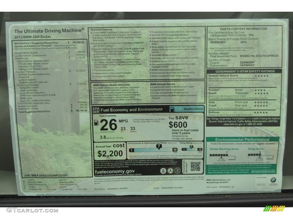 2013 BMW 3 Series 328i Sedan Window Sticker Photo #73982732