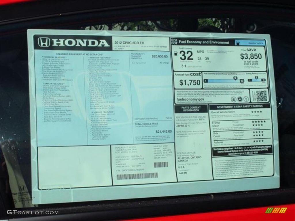 2012 Civic EX Coupe - Rallye Red / Gray photo #8