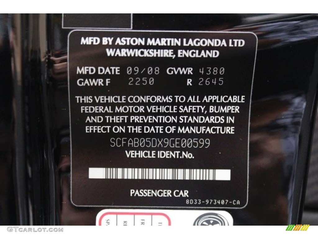 2009 Aston Martin DBS Coupe Info Tag Photo #74002260