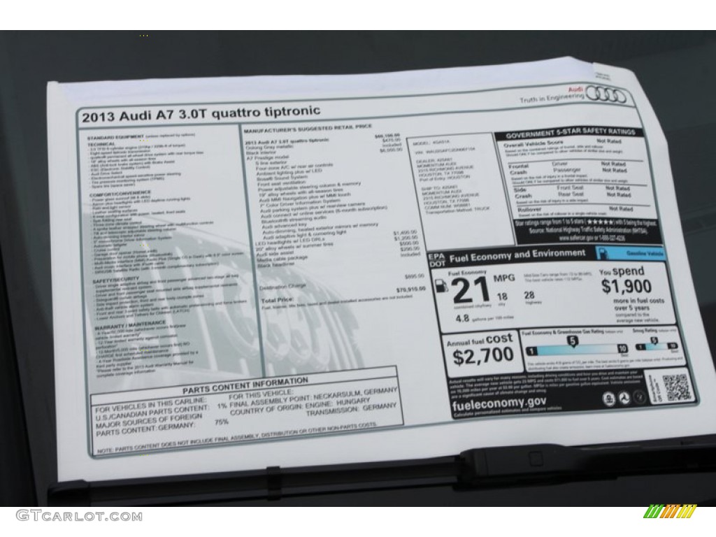 2013 Audi A7 3.0T quattro Prestige Window Sticker Photo #74025957
