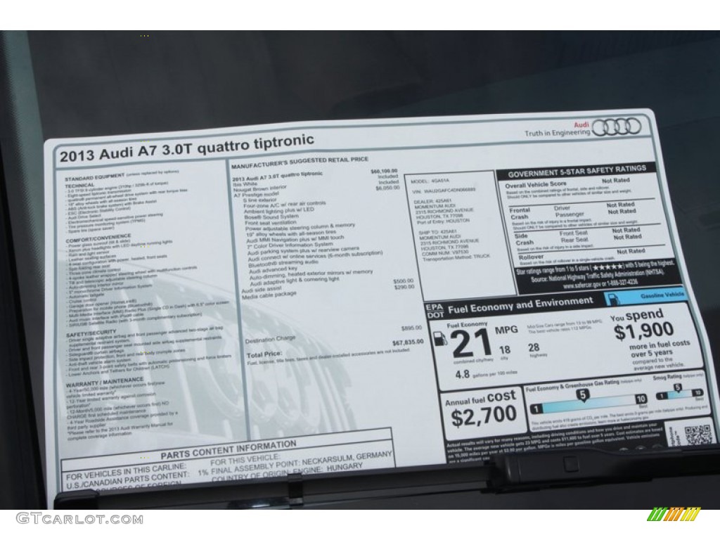 2013 Audi A7 3.0T quattro Prestige Window Sticker Photo #74026556