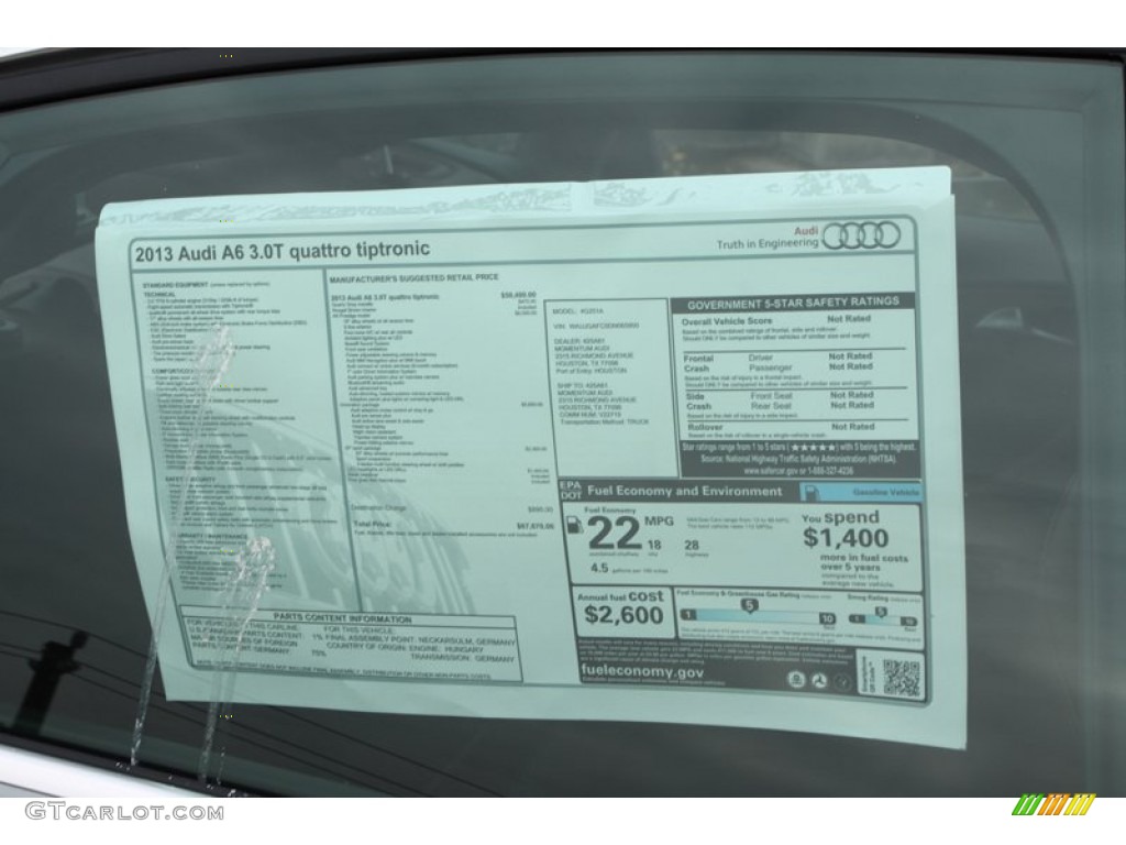 2013 Audi A6 3.0T quattro Sedan Window Sticker Photo #74027418