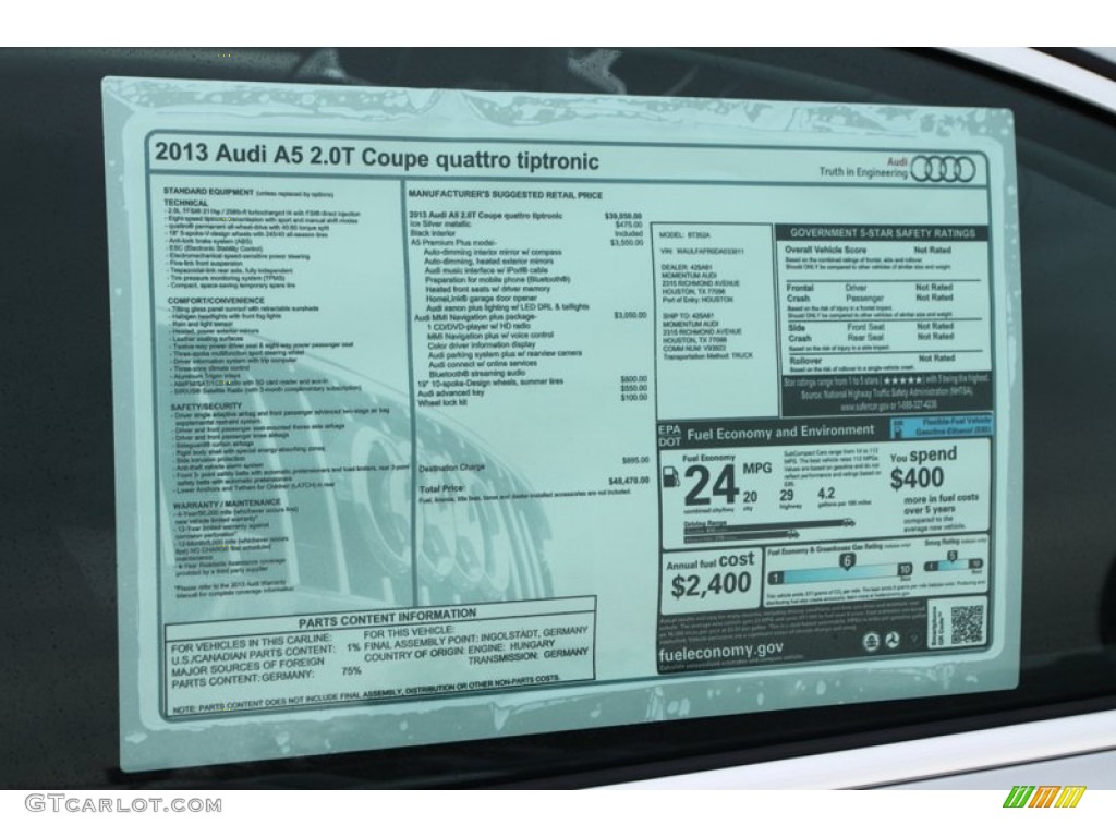 2013 Audi A5 2.0T quattro Coupe Window Sticker Photo #74031851