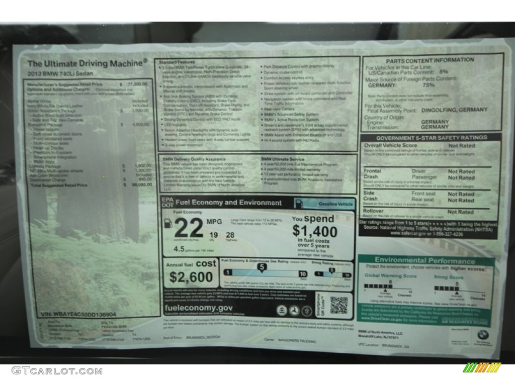 2013 BMW 7 Series 740Li Sedan Window Sticker Photo #74033823