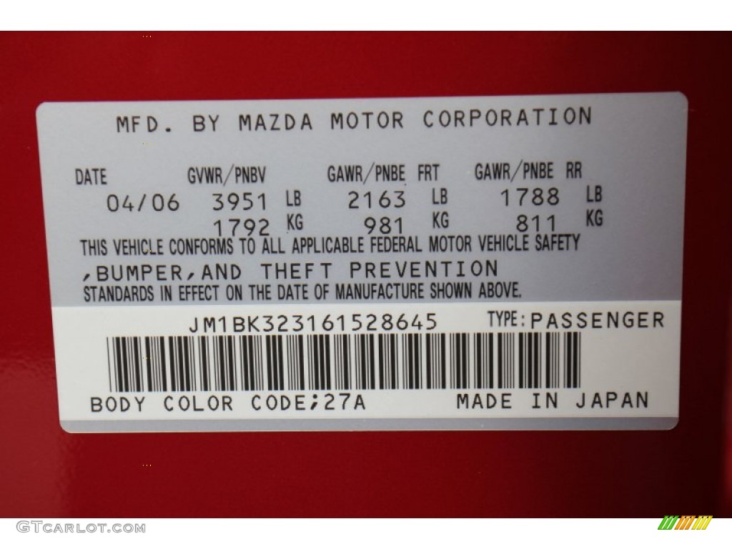 2006 Mazda MAZDA3 s Sedan Color Code Photos