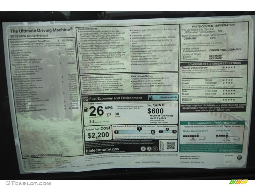 2013 BMW 5 Series ActiveHybrid 5 Window Sticker Photo #74034707