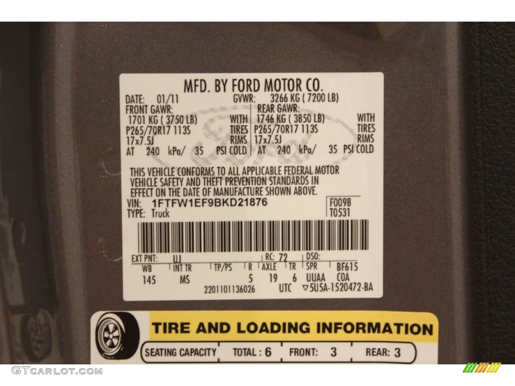 2011 F150 Color Code UJ for Sterling Grey Metallic Photo #74036658