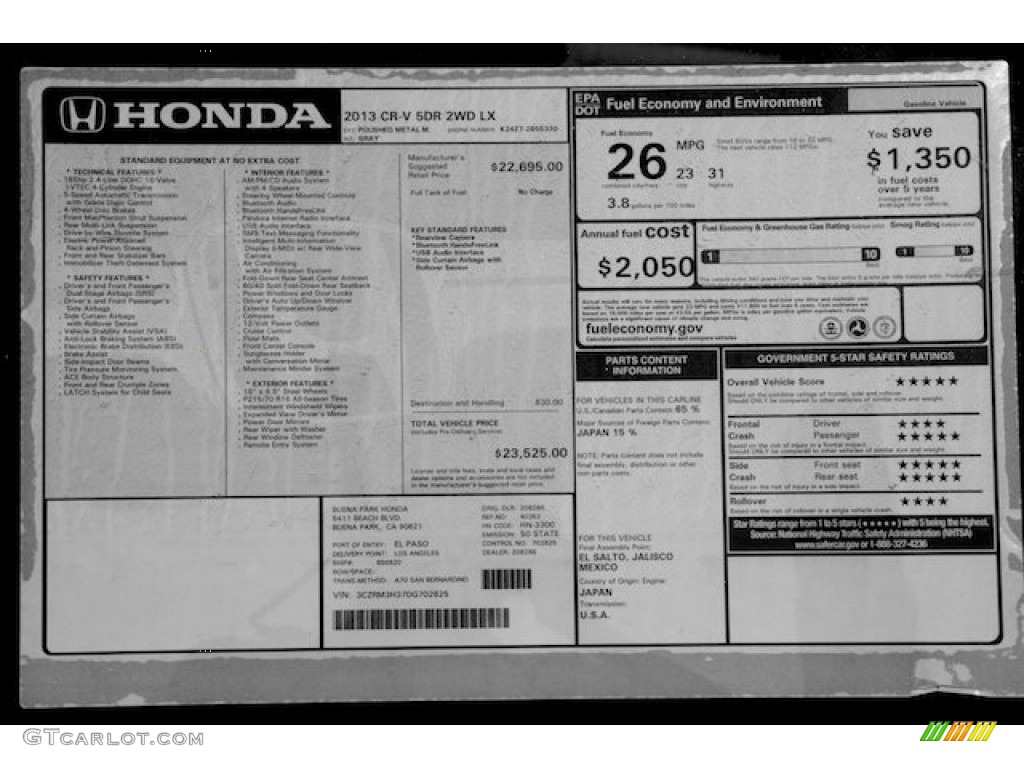 2013 Honda CR-V LX Window Sticker Photo #74056746