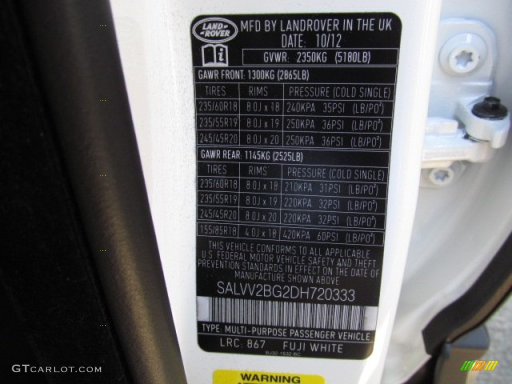 2013 Range Rover Evoque Color Code 867 for Fuji White Photo #74057585