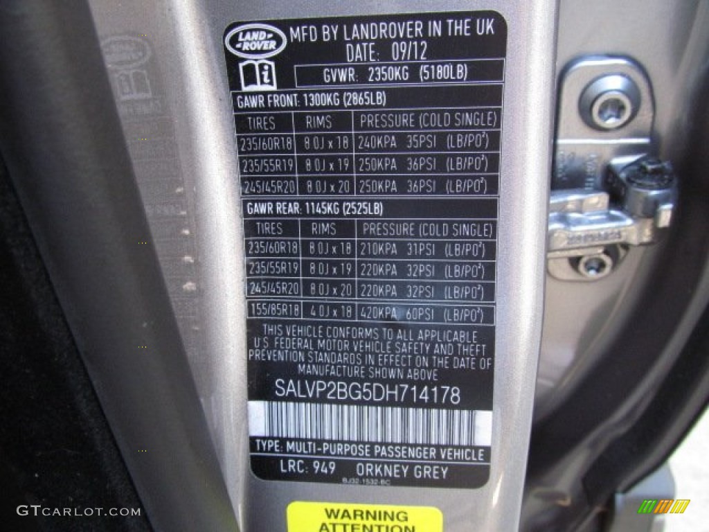 2013 Range Rover Evoque Color Code 949 for Orkney Grey Metallic Photo #74057988