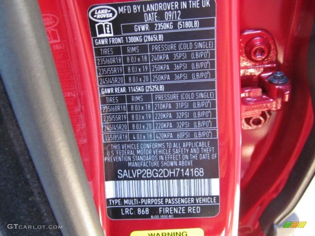 2013 Range Rover Evoque Color Code 868 for Firenze Red Metallic Photo #74058386
