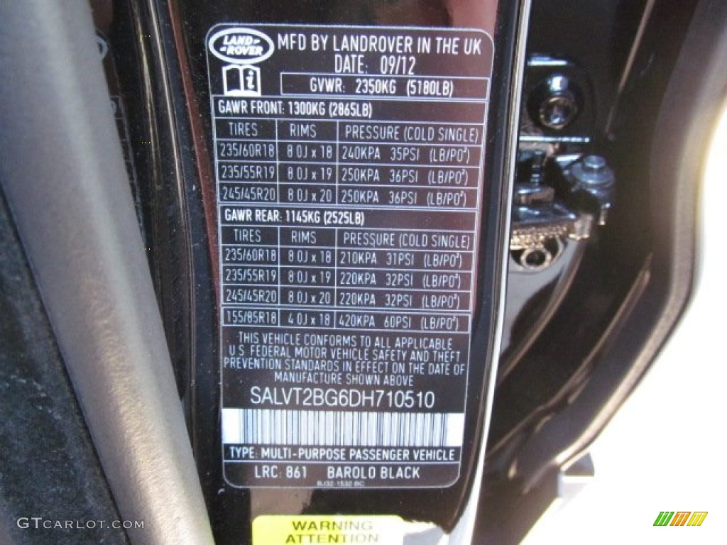 2013 Range Rover Evoque Color Code 861 for Barolo Black Metallic Photo #74058806