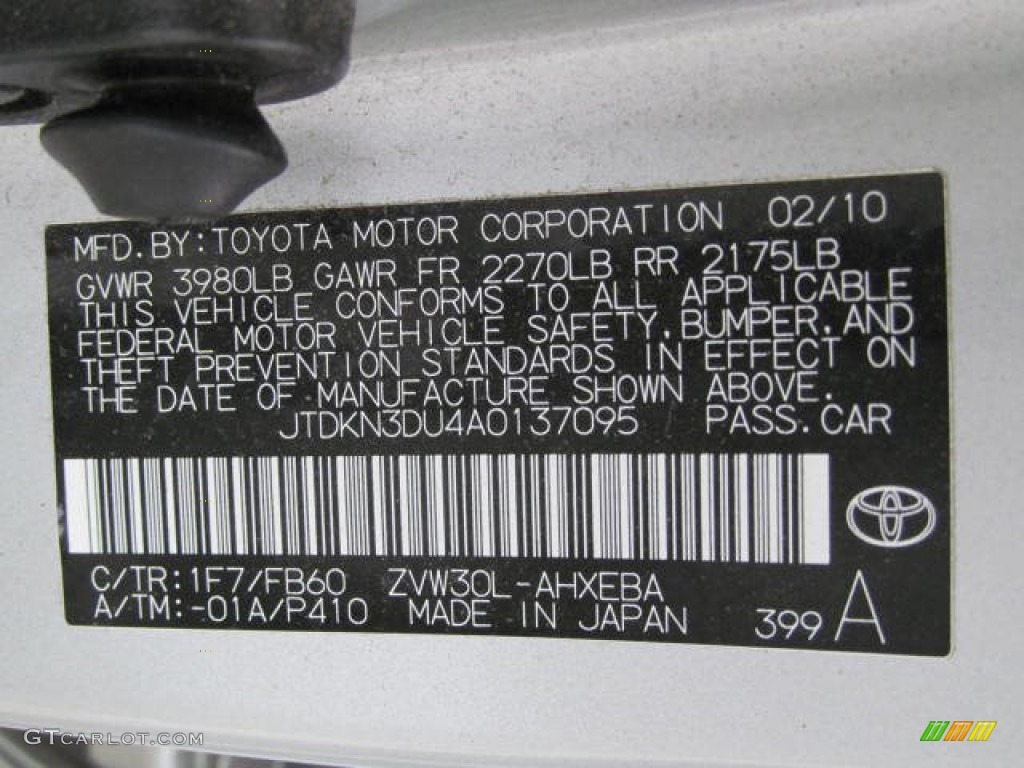 2010 Prius Color Code 1F7 for Classic Silver Metallic Photo #74060789