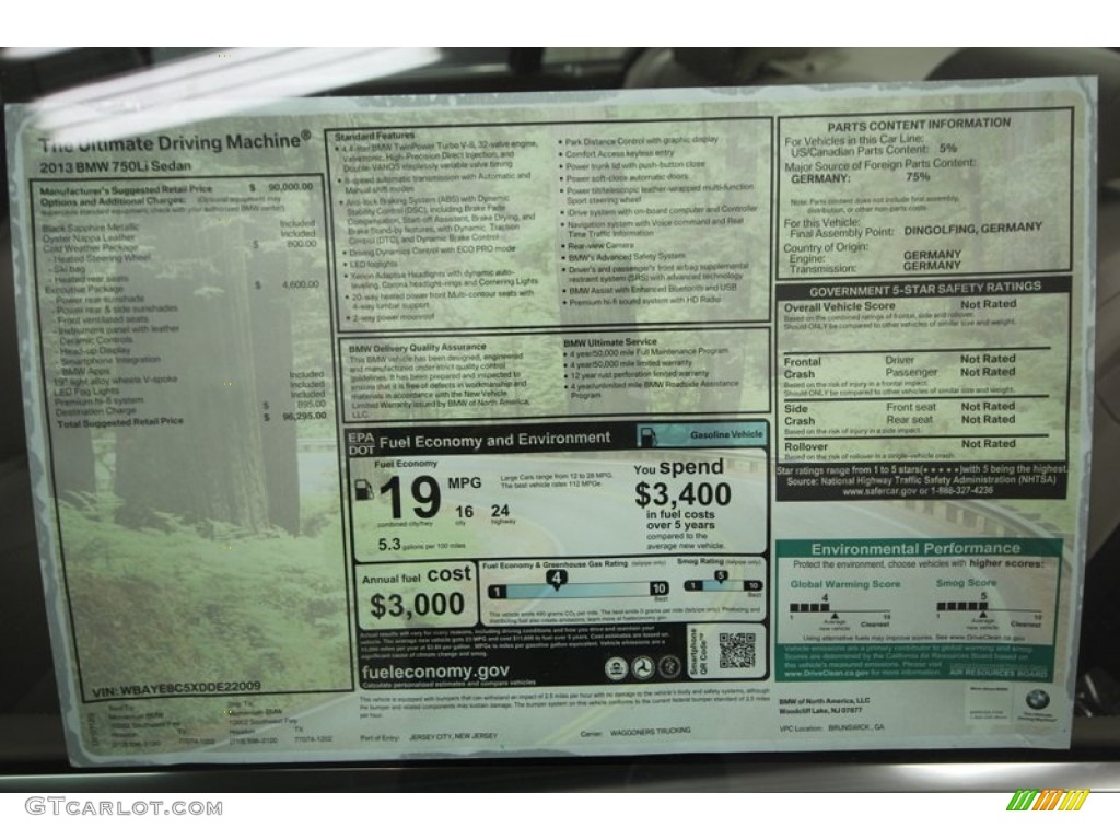 2013 BMW 7 Series 750Li Sedan Window Sticker Photo #74062406