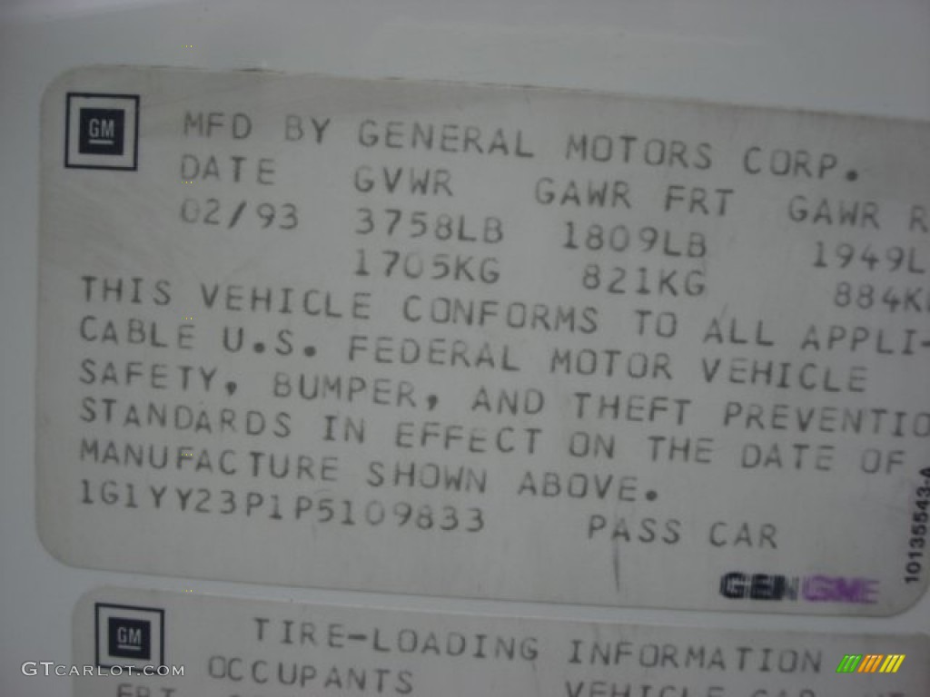 1993 Chevrolet Corvette Coupe Info Tag Photo #74086307