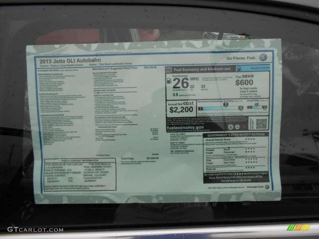 2013 Volkswagen Jetta GLI Autobahn Window Sticker Photo #74089790