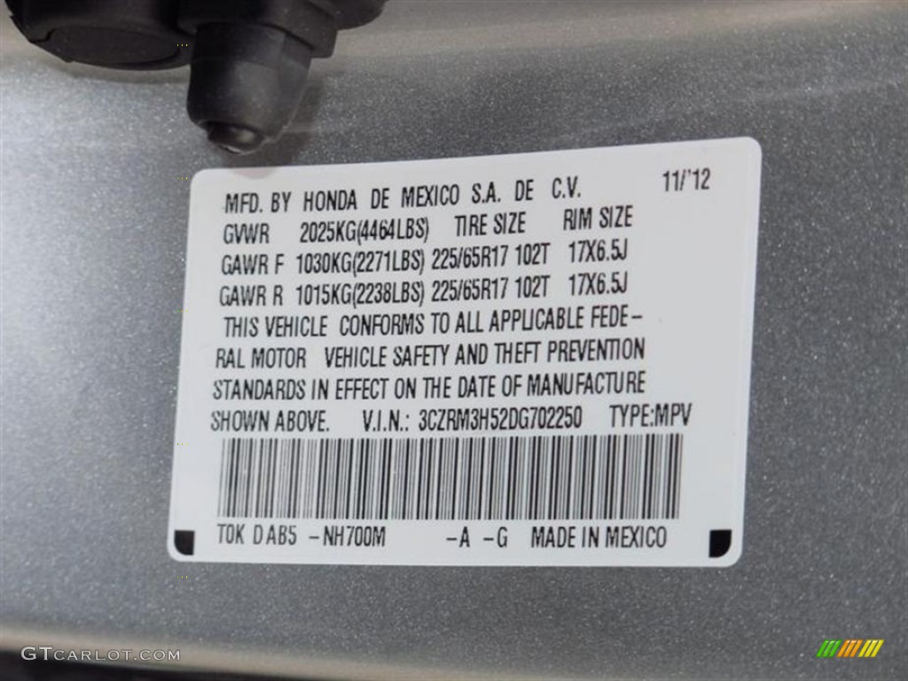 2013 CR-V Color Code NH700M for Alabaster Silver Metallic Photo #74109271