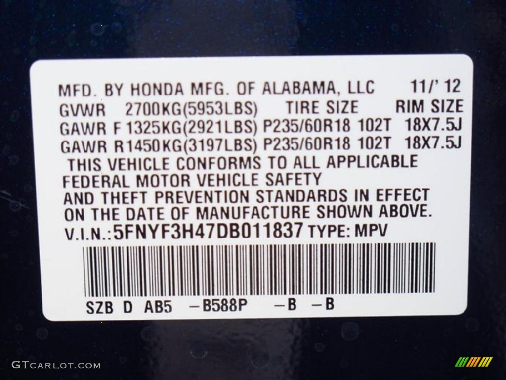 2013 Pilot EX - Obsidian Blue Pearl / Gray photo #10