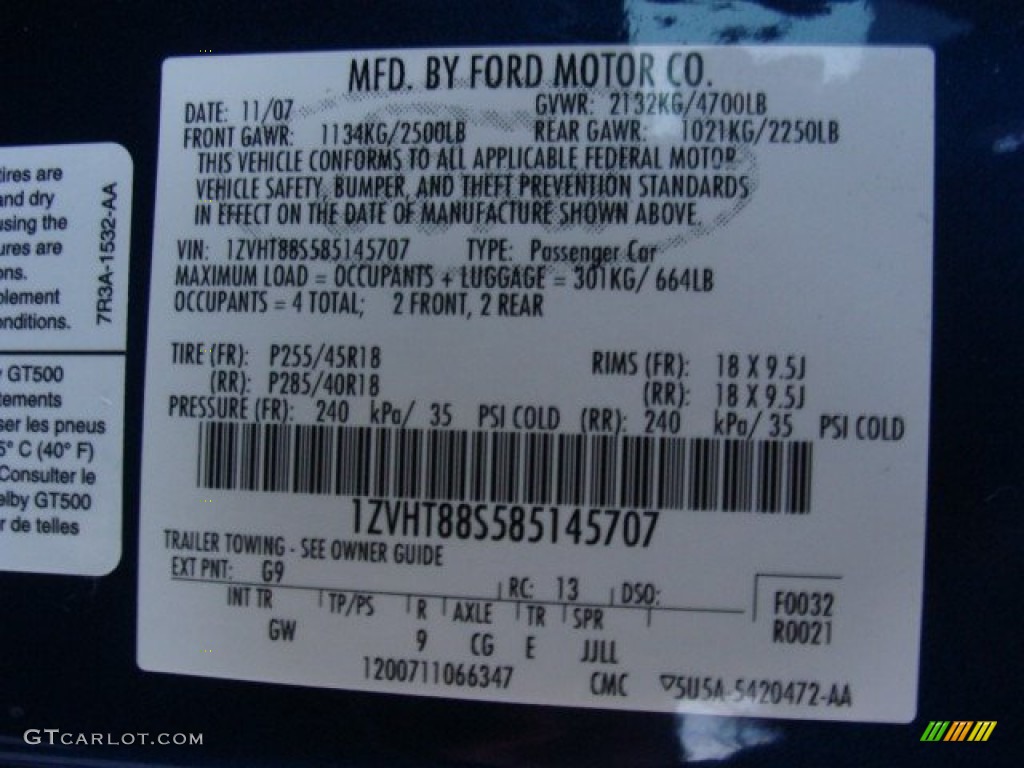 2008 Mustang Color Code G9 for Vista Blue Metallic Photo #74113405