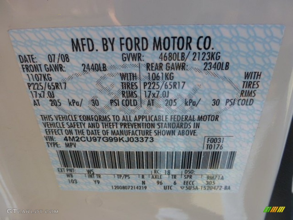 2009 Mercury Mariner VOGA Package 4WD Color Code Photos