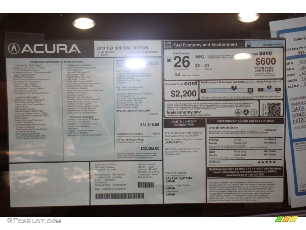 2013 Acura TSX Special Edition Window Sticker Photo #74167407