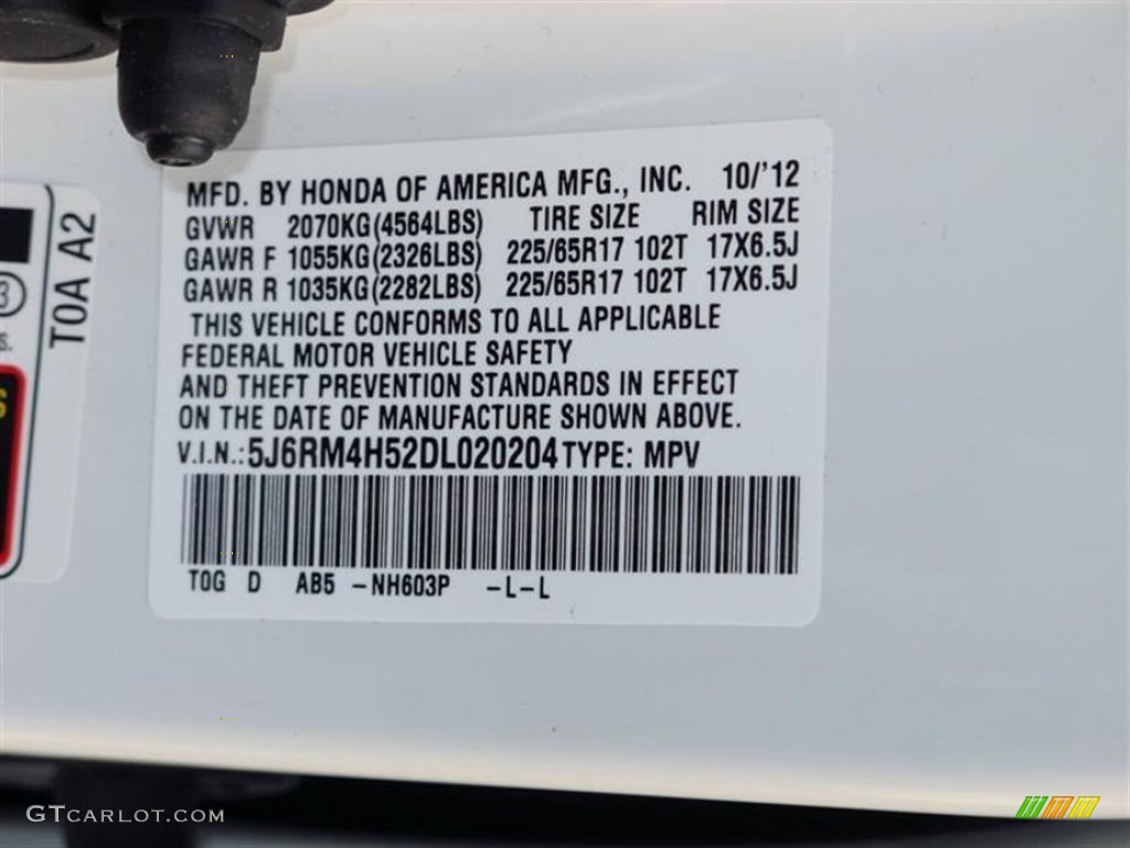 2013 CR-V Color Code NH603P for White Diamond Pearl Photo #74173105