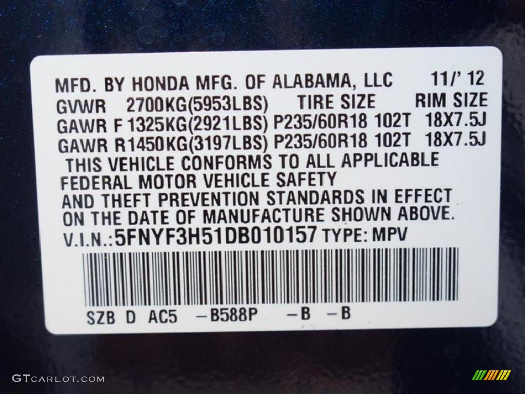 2013 Pilot EX-L - Obsidian Blue Pearl / Gray photo #10
