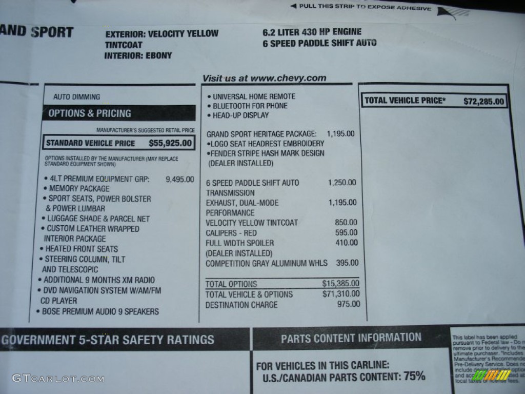 2012 Chevrolet Corvette Grand Sport Coupe Window Sticker Photo #74182549