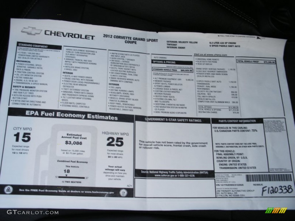 2012 Chevrolet Corvette Grand Sport Coupe Window Sticker Photo #74182582
