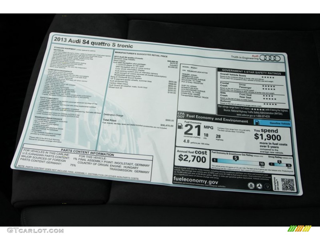 2013 Audi S4 3.0T quattro Sedan Window Sticker Photo #74204434