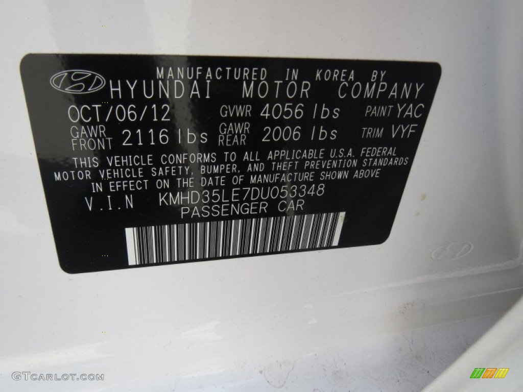 2013 Elantra Color Code YAC for Monaco White Photo #74206393