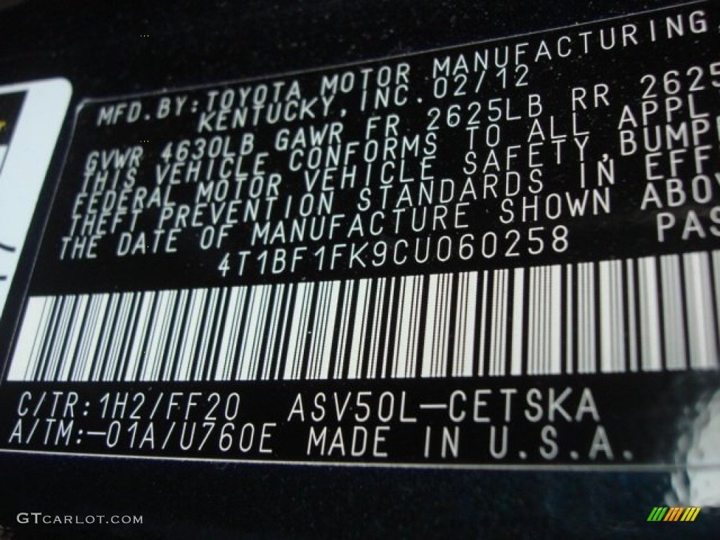 2012 Camry Color Code 1H2 for Cosmic Gray Mica Photo #74218384