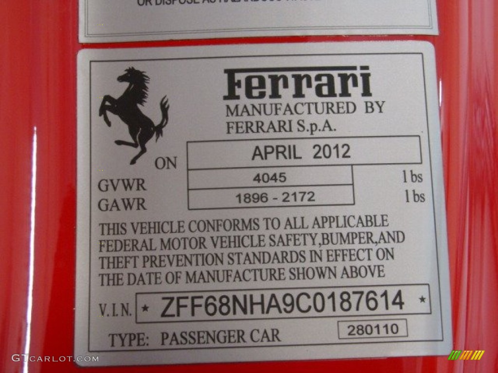 2012 Ferrari 458 Spider Info Tag Photo #74234566