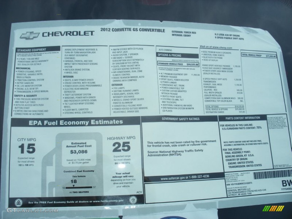 2012 Chevrolet Corvette Grand Sport Convertible Window Sticker Photo #74235395