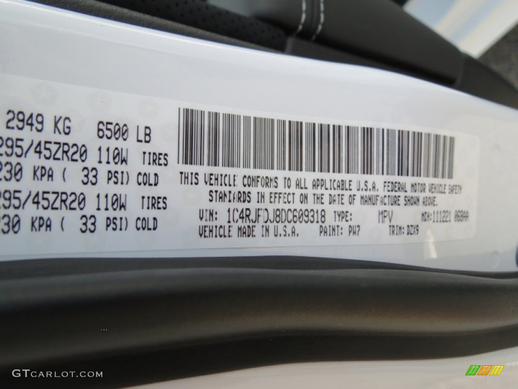 2013 Grand Cherokee Color Code PW7 for Bright White Photo #74273735