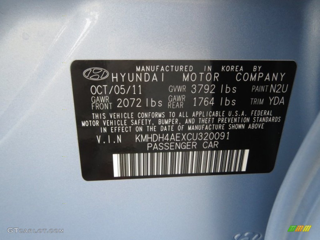 2012 Elantra Color Code N2U for Blue Sky Metallic Photo #74275642