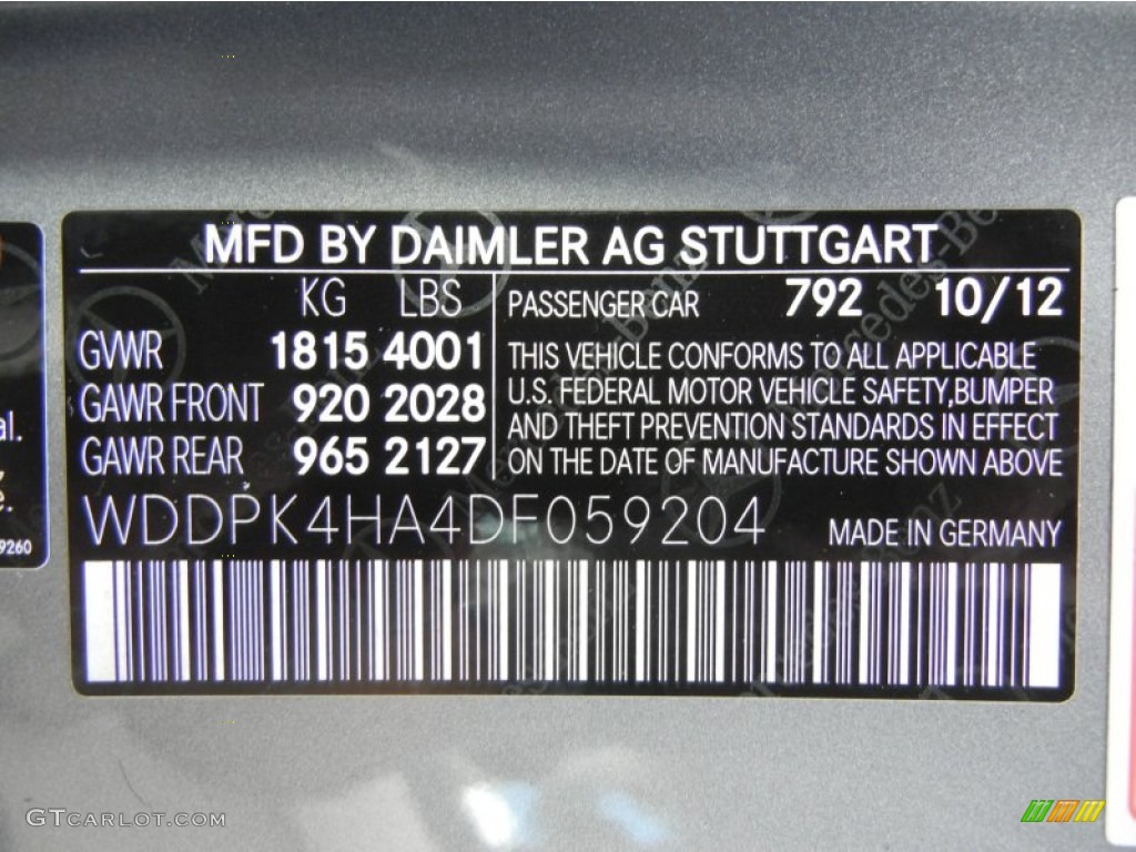 2013 SLK Color Code 792 for Paladium Silver Metallic Photo #74289934