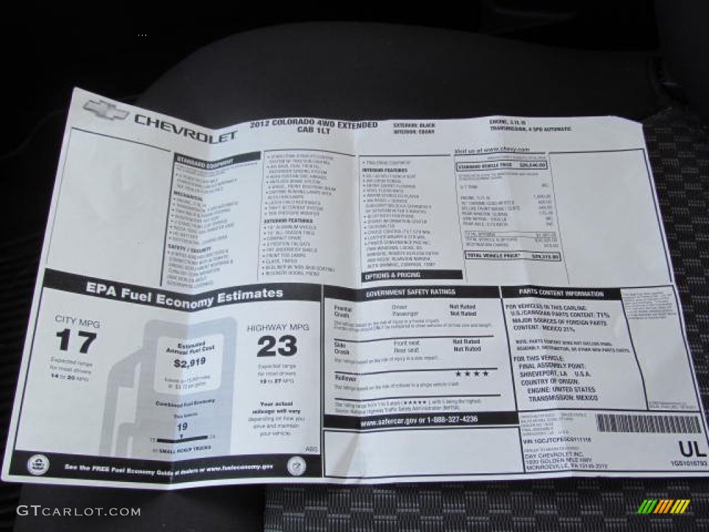 2012 Chevrolet Colorado LT Extended Cab 4x4 Window Sticker Photos