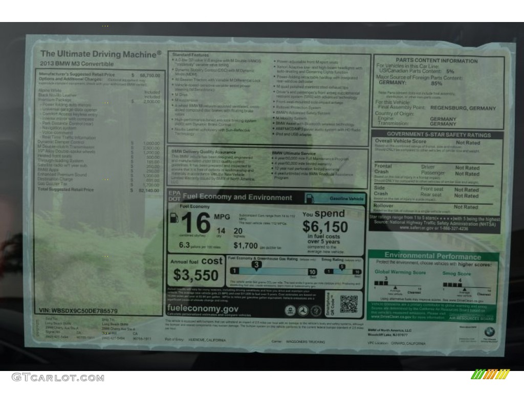 2013 BMW M3 Convertible Window Sticker Photo #74329160