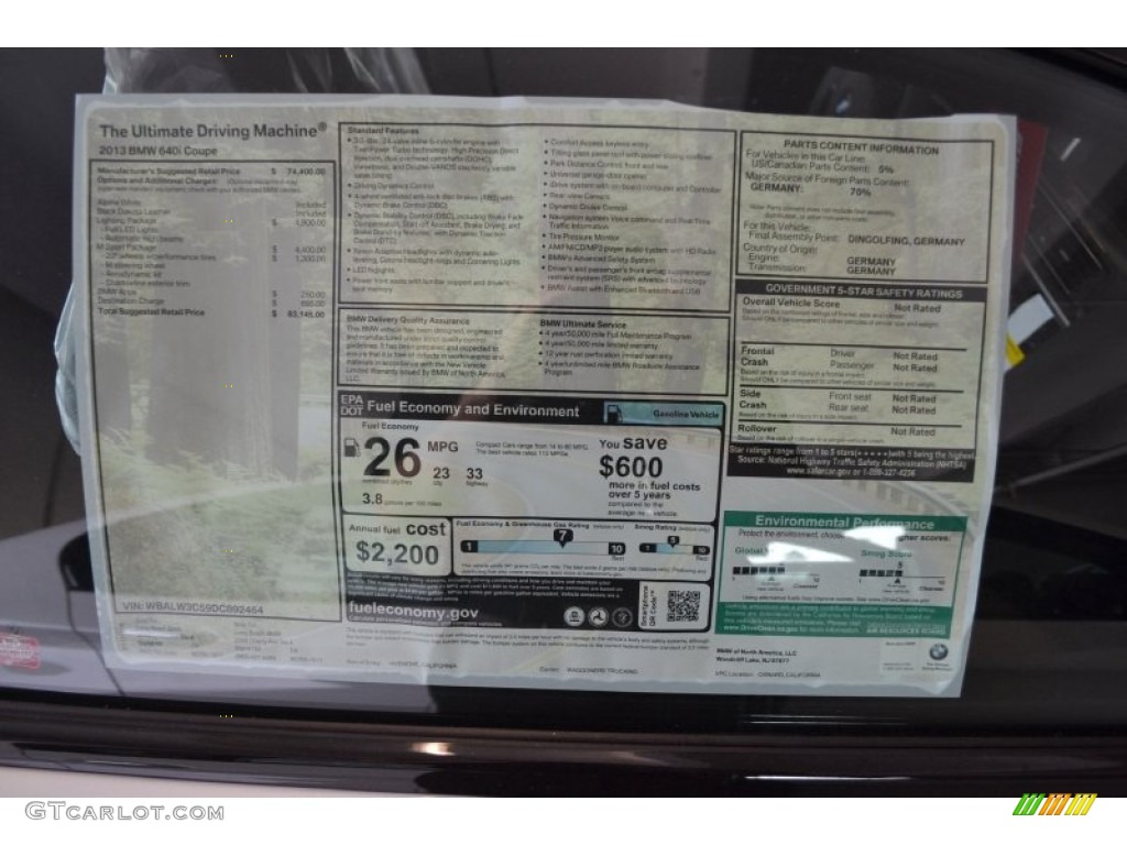 2013 BMW 6 Series 640i Coupe Window Sticker Photo #74332046