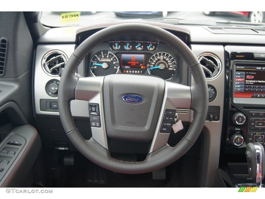 2013 Ford F150 Limited SuperCrew 4x4 Limited Unique Red Leather Steering Wheel Photo #74345699