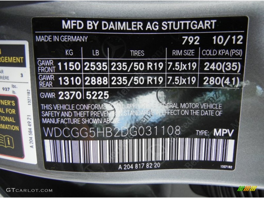 2013 GLK Color Code 792 for Palladium Silver Metallic Photo #74347955