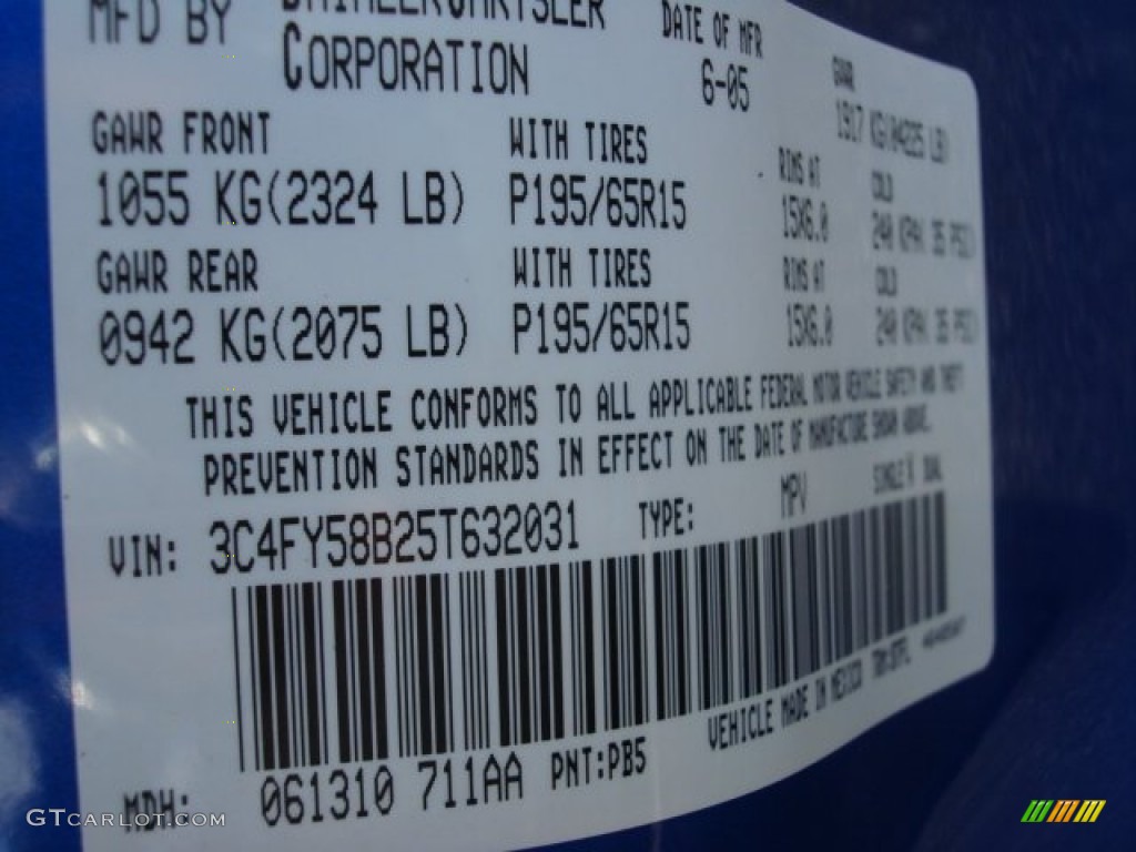2005 PT Cruiser Color Code PB5 for Electric Blue Pearl Photo #74371171