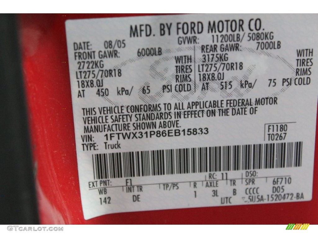 2006 F350 Super Duty Color Code F1 for Red Clearcoat Photo #74394473
