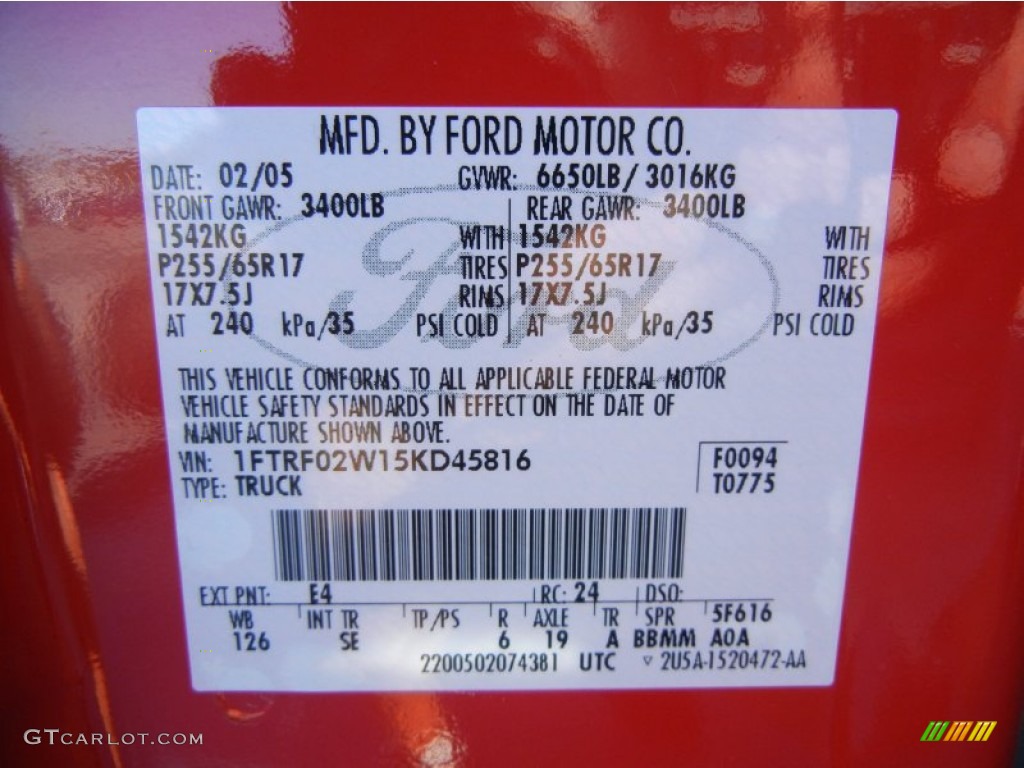 2005 Ford F150 STX Regular Cab Flareside Color Code Photos