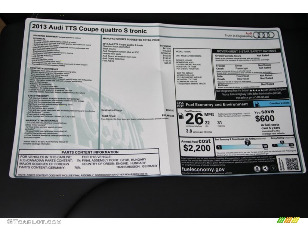 2013 Audi TT S 2.0T quattro Coupe Window Sticker Photo #74416177
