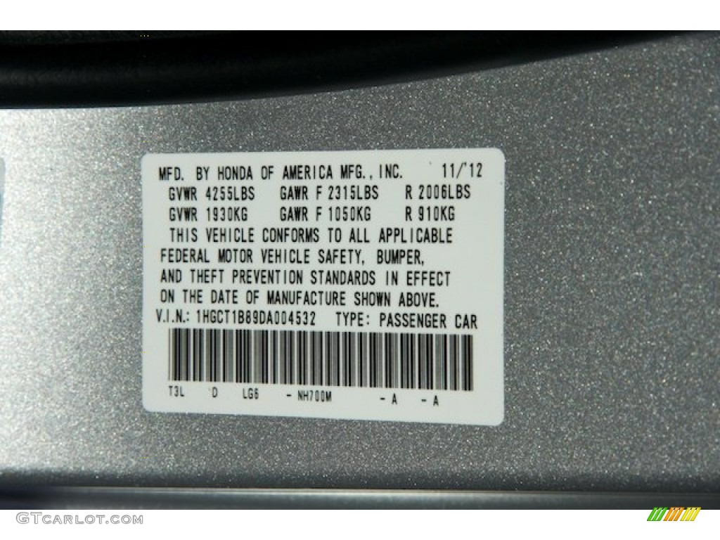 2013 Accord Color Code NH700M for Alabaster Silver Metallic Photo #74426337