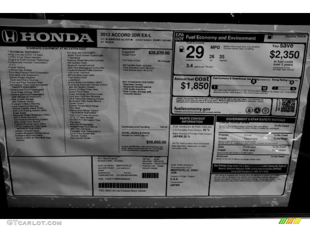 2013 Honda Accord EX-L Coupe Window Sticker Photo #74426351